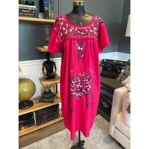 Hot Pink Puebla Mexican Dress, Embroidered Flowers, Short Sleeve, Pullover, Boho